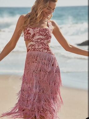 Anthropologie Linen Fringe Column Dress NWT $149 Pink Palm Tropical Cutout Sz M